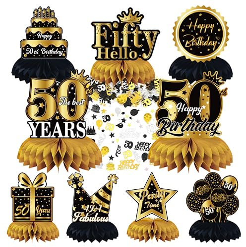Aurasky 50. Geburtstag Tischdeko Schwarz Gold, 9 Stück Bienenwaben Deko Tischaufsätze Set mit 10g Happy Birthday Konfetti Tischdekoration für Deko 50. Geburtstag 50. jährige