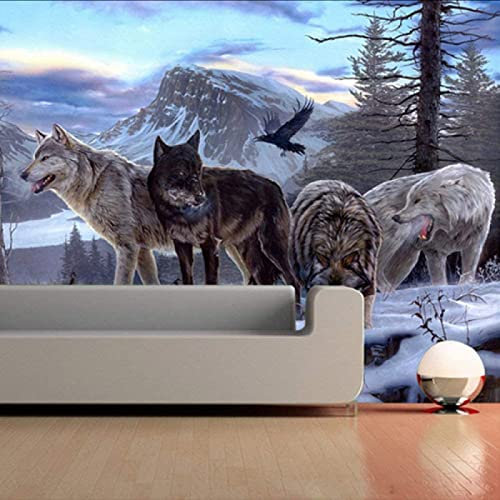 Papier Peint Panoramique Loups Nature Sauvage Alpine Papier Peint Intissé 3D Tapisserie Poster Decoration Murale Chambre Salon