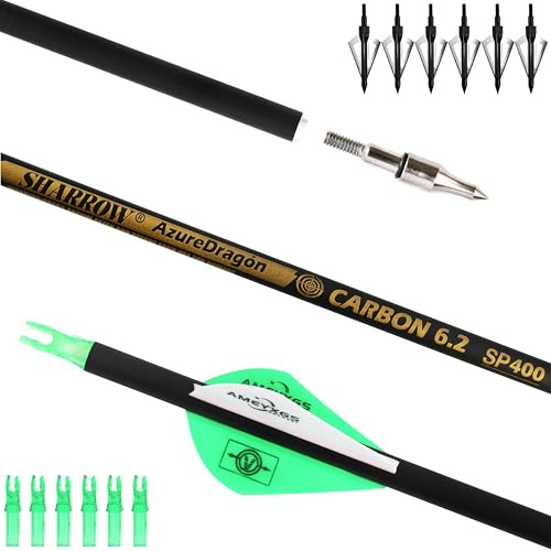 AMEYXGS 30 Reine Carbonpfeile Jagdpfeile 12Pcs - mit 100 Grain Spitzen, 2 Zoll Gummi Pfeilfedern fur Compound & Recurve Bogen Outdoor Jagd‌ mit Zubehörtasche‌