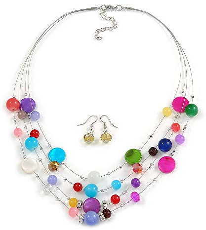 Avalaya Parure collier et boucles d'oreilles pendantes en perles flottantes en cristal et coquillages multicolores – 52 cm de long / extension de 5 cm, taille unique, Verre Coquillage, Cristal