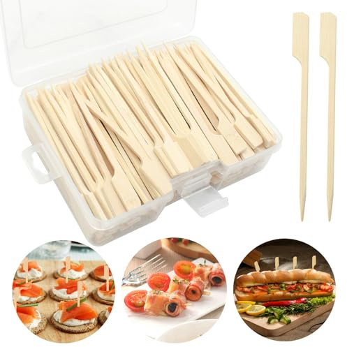 PEOUWNES 200 Pcs Bamboo Wood Paddle Picks Skewers, 3.5 Inch Toothpicks for Appetizers for Cocktail, Drinks, Appetizers，Fruit, Sandwich, Sausage, Barbeque Snacks, Natural Wooden Paddle Skewer Mini Food