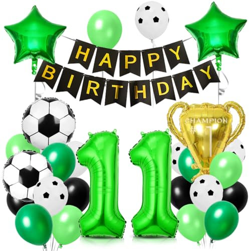 Fußball Luftballon 11 Jahre, Folienballons Fussball, Geburtstagsdeko Fußball 11, Trophäe Luftballon, Ballons Grün Schwarz, für Kinder Junge Geburtstag Party Dekoration