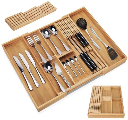 Myiosus Cutlery Drawer Organiser, Expandable Bamboo Cutlery Tray for Utensils Holder, 5-7 Compartment, Adjustable Silverware and Flatware Holder for Knives, Forks and Spoons, 33-55.7 x 43.2 x 5 cm
