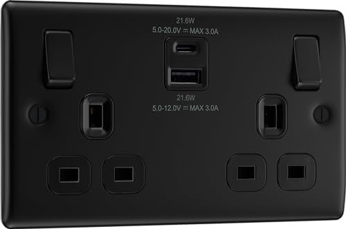 BG NFB22UAC22B Matt Black Switched Double Socket with USB A + C 22W