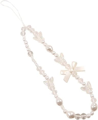 Juroicessry White Mobile Phone Lanyard Universal Phone Chain Black Bow White Pearl Beaded Phone Lanyard Wrist Strap Anti Lost Phone Charm Strap Fashion Phone Case Keychain Cell Phone Pendant