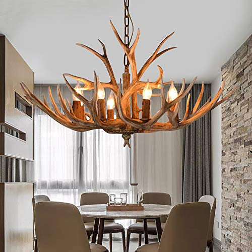 LOYEMAADE Geweih Kronleuchter Lampe Vintage 6-Kopf Harz Hängeleuchten Pendelleuchten Mit 6*E14 Glühbirnen Für Wohnzimmer Cafe Esszimmer