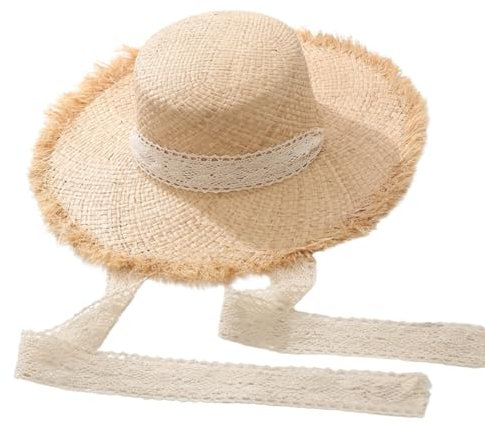 Aublinto Chapeau de paille avec ruban - Protection UV - Chapeau d'été avec large bord - Chapeau de soleil pour femme - Chapeau de soleil pour les voyages, les vacances et les activités de plein air,
