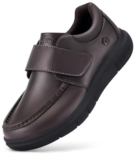 FitVille Chaussure Diabetique Homme Extra Large Mocassins en Cuir Pieds Large Casual Chaussures de Marche Homme Scratch pour Pieds Enflés au Travail Marron 44.5 EU Large