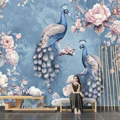 SPECUFX Fototapete 3D Retro Pfau Tier Vogel Blume Bild Dekoration Wand-Dekor Moderne Motiv-Tapete Panorama Poster XXL Möbelfolie Blau