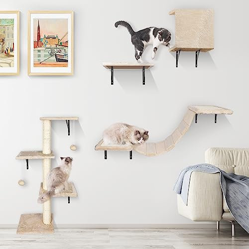 HEVOL Katzen Kletterwand, Kletterwand Katzen Set, 10-Teiliges Stabiler Katzenmöbel mit Kratzbäume, Hängematte,Katzenliege und Katzenhöhle für Katze Schlafen Spielen Lounging
