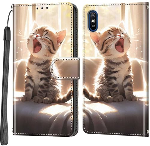 Salanheo Handyhülle für Xiaomi Redmi 9A Hülle, Glückliche Katze | Magnetische, Stoßfeste Faltbar Klapphülle, Standfunktion, Kartenfächern, Geldbeutel, PU Lederhülle, Handytasche
