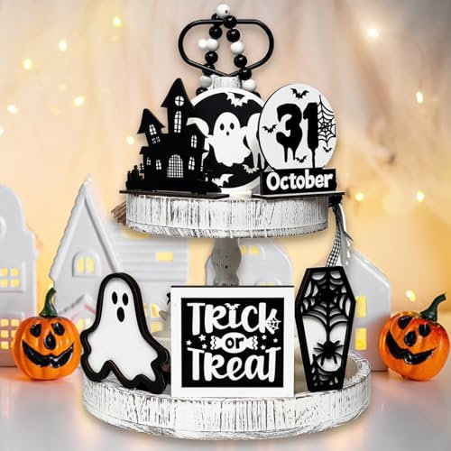 7 Pcs Halloween Tiered Tray Decor Set Ghost Wooden Signs for Halloween Decorations, Ghost Table Centerpieces Bead Garland for Halloween Themed Party Supplies (White)