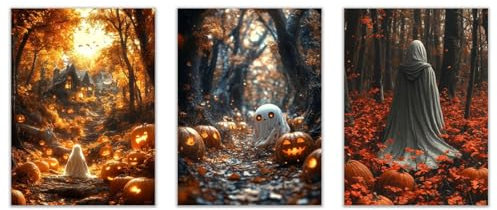 JOSUE 3 Teilig Gold, grau Halloween Bilder Leinwand Modern, Geister-Kürbis Bild Wandbilder Wohnzimmer Schlafzimmer Wanddeko-50x70cmx3 Ungerahmt