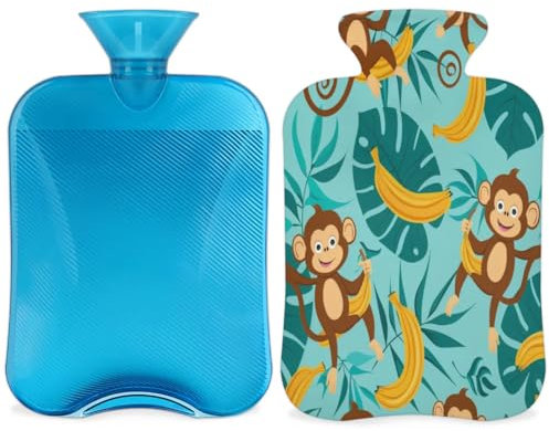 Cute Green Monkey Hot Water Bottle with Cover, Summer Banana 2L Hot Water Bag for Pain Relief, Neck and Shoulder, Hand Feet Warmer