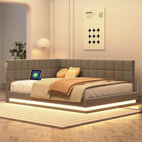 FEZTOY Polsterbett 140x200 mit LED und USB-Anschluss, Bettgestell mit Lattenrost,Tagesbett Schlafsofa Bett Bettsofa Gästebett Jugendbett, ohne Matratze (Grau, 140x200)