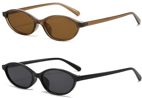 LJCZKA Retro Ovale Sonnenbrille für Damen, 90er Vintage Kleine Katzenaugen Sonnenbrille Mode Oval Brille Schmal Rahmen Schattierungen mit UV Schutz (Schwarz Schwarz+Dunkel Braun Braun)