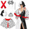 GreenYeah Cruella Devil Kostüum Damen, Schwarze und weiße Devil Kostüum Damen, Deville Kostüm, Devil Kostüum Damen mit Perücke, Faux Schal, Rote Handschuhen, Spitze Maske, Perle Halskette, Halter
