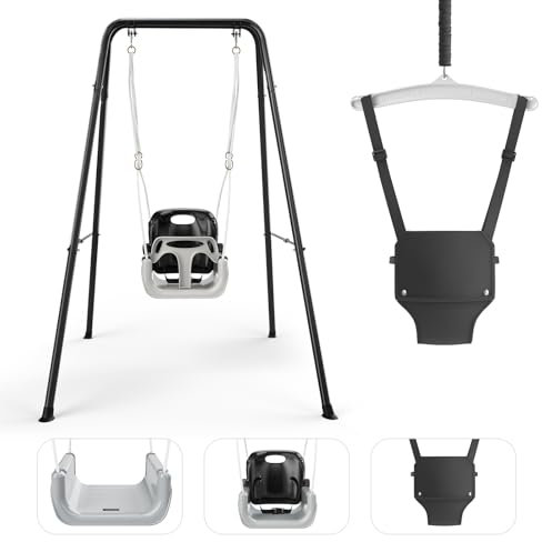 MINENICE Schaukeln & Baby Türhopser Set für Kleinkinder, 4-in-1 Schaukelset für Kinder Faltbarer Metallständer für drinnen und draußen, einfach zu montieren und aufzubewahren (Schwarz)