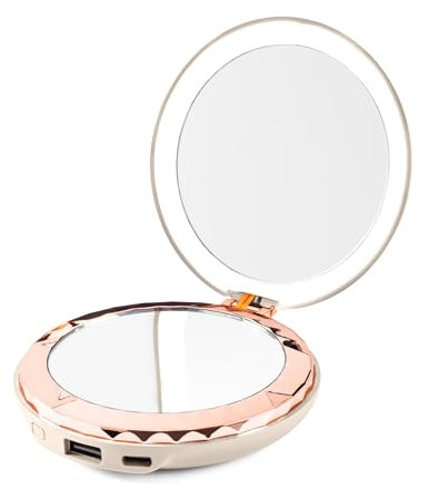 HALO Beauty Compact - Miroir de Poche et 5k Power Bank - 3-en-1 Lumière, Miroir et Power Bank - Chargeur de téléphone Portable USB-C - Jusqu'à 2X Charges (Pêche)