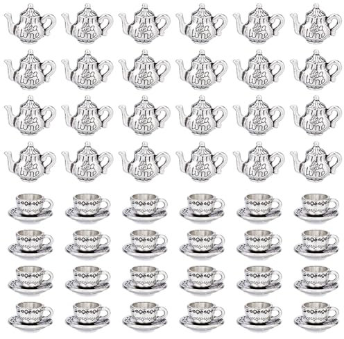 DICOSMETIC 48Pcs 2 Styles Teapot Tea Cup Charms Alloy Coffee Mug Charm Antique Silver Afternoon Tea Theme Charms Vintage Tea Kettle Charms for DIY Jewelry Making Bracelet Necklace Earrings