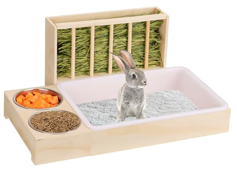3 in 1 Kaninchentoilette mit Heufutterstation und Schalen - Holz Kaninchen Heu Futterstation für Meerschweinchen, Hamster, Kleintiere