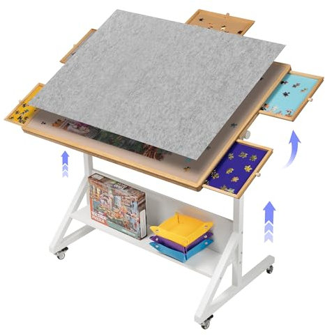 Tektalk Jigsaw Table with Angle & Height Adjustment, Puzzle Board with Cover & 5 Sorting Drawers,Puzzle Easel Tilting Table with Legs, Enclosed with 4 Roller Wheels, for Up to 1500 Pieces