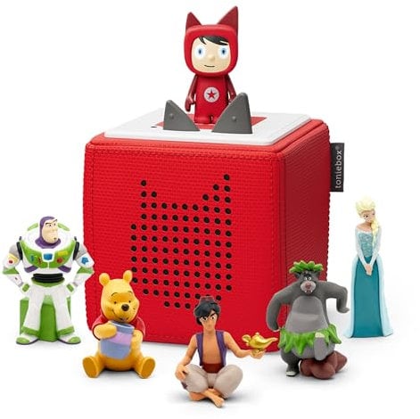 tonies Disney and Pixar Red Toniebox Starter Set Bundle with 5 Characters including Disney Frozen Elsa, Jungle Book, Aladdin, Winnie the Pooh, Toy Story, tablet free toys for kids
