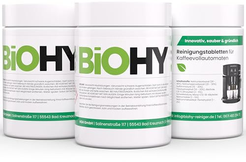 BiOHY Pastillas de limpieza para cafeteras automáticas (3 x 40 pastillas) | Pastillas de limpieza para máquinas de café contra la cal | Pastillas descalcificadoras para el mejor aroma | Adecuado para