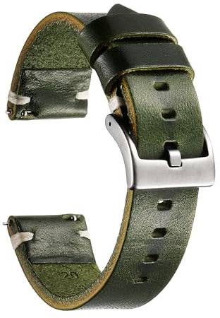 Berfine Rindsleder Uhrenarmband, Retro Handgemacht Vintage Quick Release Dick Leder Uhrenband mit Schnalle aus Edelstahl, Ersatzarmband für Smartwatch Damen Herren 20mm Olivgrün