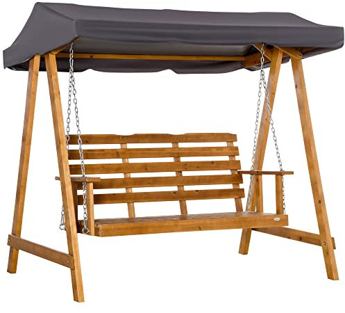 Outsunny 3 Seater Garden Swing Seat Swing Chair Outdoor Wooden Swing Bench Hammock with Adjustable Canopy - Brown and Grey