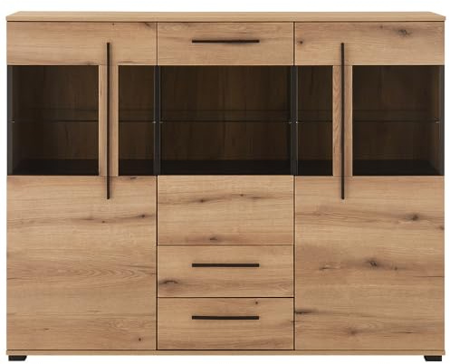 Lomadox Highboard 160 cm breit Vitrine Wohnzimmerschrank in Eiche mit 3 Glastüren & 2 Schubladen inkl. Softclose-Funktion