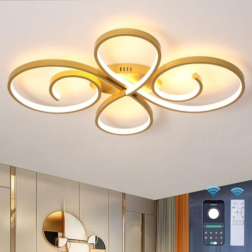GWYAJTU 70CM Moderne Deckenleuchte Mit Fernbedienungs-App, LED Dimmbar Deckenlampe Mit Timer, Helligkeitsregelung, Memory-Funktion, 58 W, 5000 Lumen Lampen Für Wohnzimmer Und Schlafzimmer, Gold