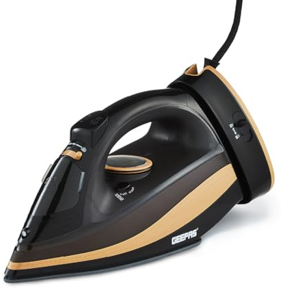 GEEPAS Steam Iron | Clothes Dry & Steam Press 40s Fast Heat-Up Vertical Steaming Ceramic Soleplate Adjustable Temperature Cordless 300ml Tank Steam Output 2400W Black/Gold (Renewed)
