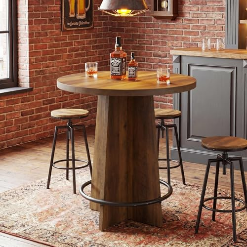 Tribesigns Runder Bartisch, 95 cm hoher Bistro-Stehtisch aus Holz mit Untergestell und Metallring-Fußstütze für Cafés, Zuhause, kleine Räume, braun (nur Tisch)
