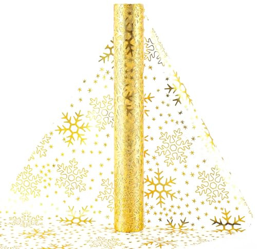 Tischläufer Gold, 1 Volumen Weihnachtstischläufer, Tischläufer Glänzend Gold, Funkelnde Goldene Sternfolie Schneeflockendekoration, für DIY Party Weihnachten Hochzeit 28*300 cm (Schneeflocken)