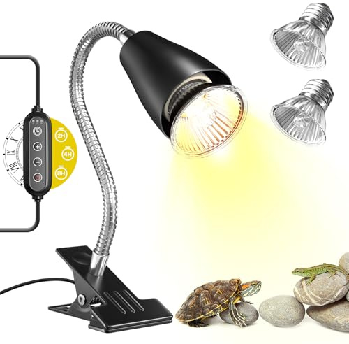 GlowUp Reptilien Aquarium Wärmelampe,E27 Timer Schildkröte Wärmelampe,Dimmer Wärmelampenhalterung mit 2Pack 50W Heizlampe für Schildkröte, Bartagame, Eidechse, Küken und Welpen