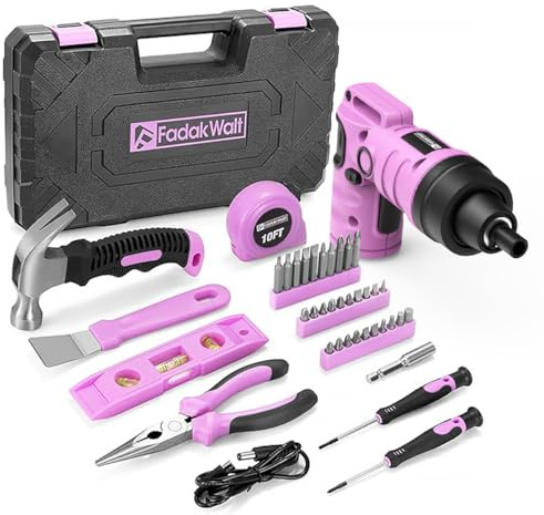FADAKWALT Akkuschrauber Set, Werkzeugkoffer 3,6V, 40-teiliges Werkzeug Set im Werkzeugkasten – 2-in-1 Griff, kabelloser Bohrschrauber für Damen & Haushalt, Rosa