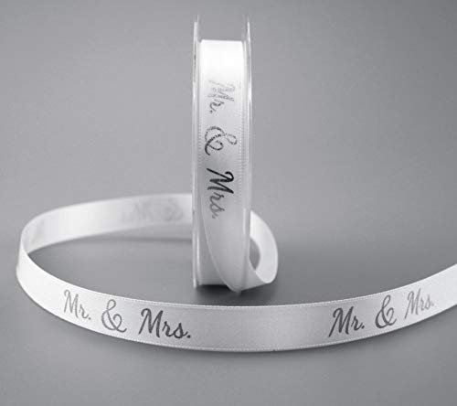 Dekoband Mr & Mrs Weiss Silber 20 m x 15 mm Geschenkband Hochzeit Wedding Satinband für Hochzeitsgeschenk Hochzeitsalbum Schleifenband