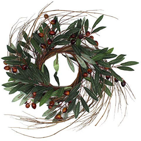 CVHOMEDECO. Rustic Country Artificial Olive Branch and Twig Wreath, Year Round Full Green Wreath for Indoor or Outdoor Display, 14-Inch