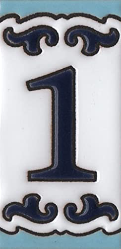Medelo-02 Chiffres de maison en céramique peints à la main 7,5 cm x 3,7 cm Lettres Symboles et cadres en filigrane (numéro 1)