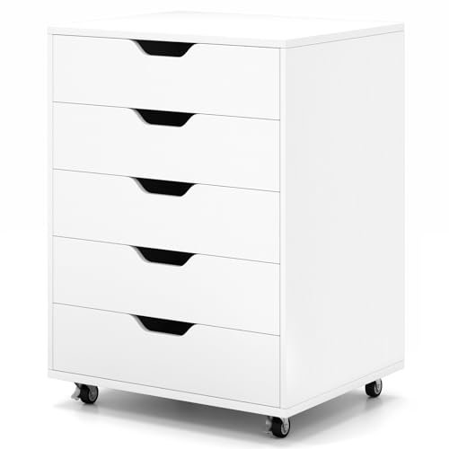 COSTWAY Mobile File Cabinet, 5 Drawers Lateral Stationery Storage Organiser Chest with Wheels, Home Office Printer Stand Side Filing Cupboard (White)