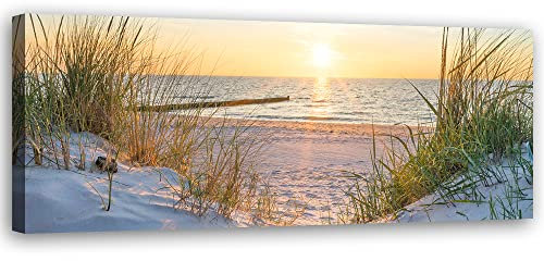 Feeby Vlies Leinwandbild Sand Meer Wellen Strand Wasser 150x50 cm Wanddeko Design Kunstdruck Zimmerdeko Bilderwand Sonnenuntergang Gras Nordsee Beige