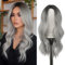 FESHFEN Lange Lockige Perücke, 55 cm Ombré Grau Perücke Mittelscheitel Frauen Perücken Natürlich Synthetik Perücken Damen Locken Wavy Wig Party für Party Täglich