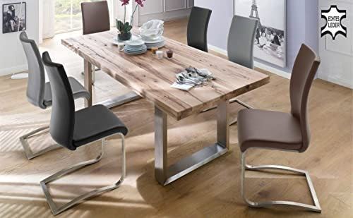 expendio Essgruppe Carson Eiche gekälkt massiv 180x76x100 cm + Schwingstühle + Bank Arcadia 2 Varianten Esszimmer Tischgruppe, Farbe:braun