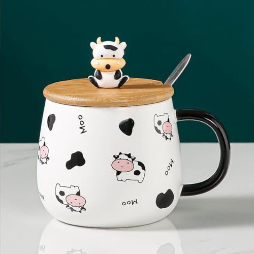 Tasse Vache Mignonne, Tasse de Lait Tasse de Petit déJeuner Tasse à Café avec Cuillère et Couvercle, Compagnon Amateur de Lait, pour Le Café, Le Lait, Les Boissons, Le Porridge (B, Céramique, 400ml)
