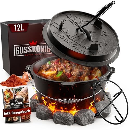 GUSSKÖNIG Dutch Oven Set [12L] - Eingebrannter Feuertopf mit praktischem Deckelheber und Edelstahl Untersetzer