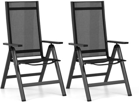 COSTWAY 2er Set Gartenstühle Alu, wetterfeste Klappstühle mit 7-Fach Verstellbarer Rückenlehne, klappbare Balkonstühle, Hochlehner Terrassenstühle für Garten, Balkon, Terrasse, Schwarz
