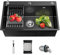 LIJIJUCN Fregadero de cocina negro de 1 cuenco, 3 agujeros, de acero inoxidable, fregadero Drop In/Topmount, para estación de trabajo con varios accesorios (55 x 45 cm)