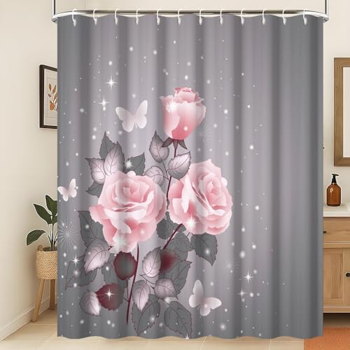 Xiaoterna Frühling Duschvorhang Aquarell Blätter Blumen Pflanze Badezimmer Vorhang Goldene Spritzer Schmetterling Rosa Rose Grauer Duschvorhang Maschinenwaschbar Wasserdichter Stoff 120x180cm
