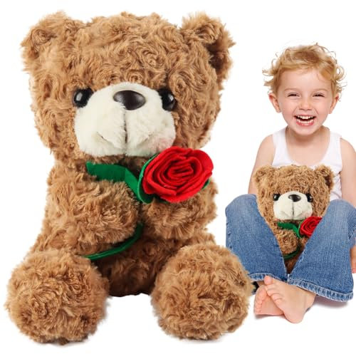 JWTRSVTY 25CM Teddybär Flauschiges Stofftier, Rose Teddy Plüschtier Kinder, Braun Teddybär mit Rose, Teddybär Plüschtier, Plüsch-Bär Geschenke, für Paare Freunde Jungen Mädchen de Weihnachtsgeschenke